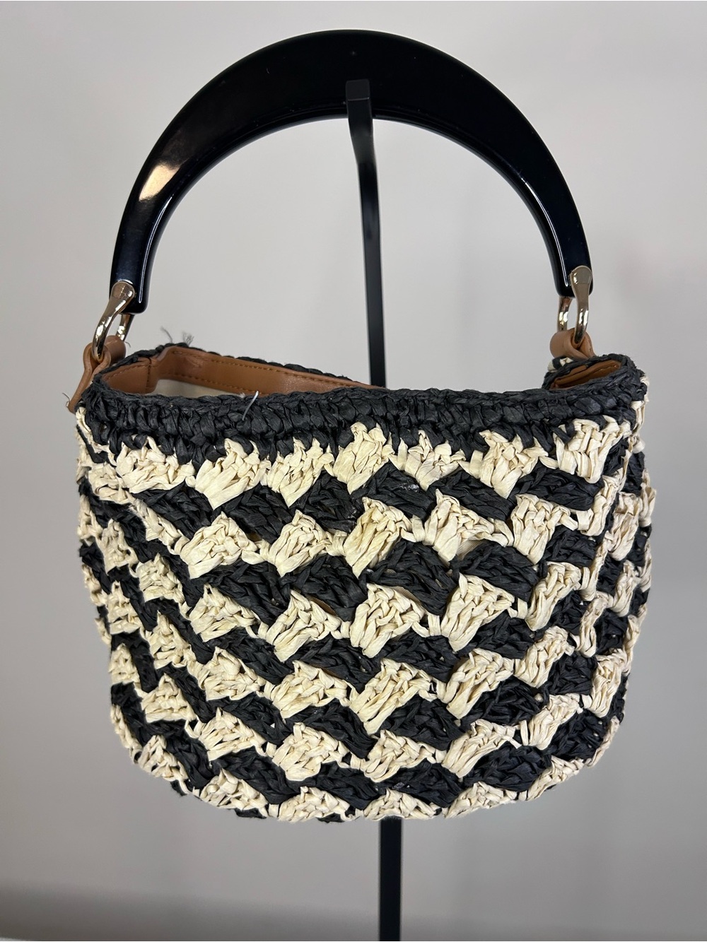 a new day Black and Cream Woven Raffia Satchel with Top Handle